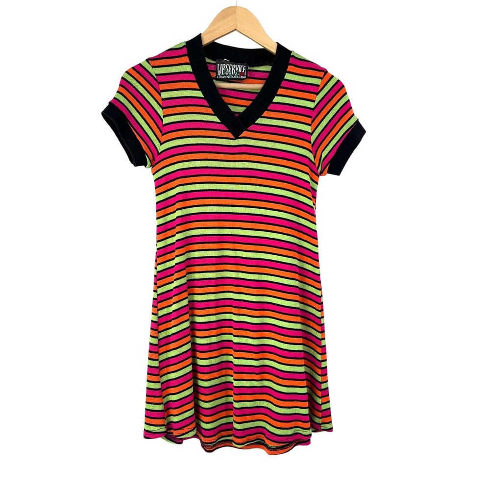Vintage 90s Lip Service Neon Striped Mini Dress V-Neck Club Kid‎ Candy Raver S